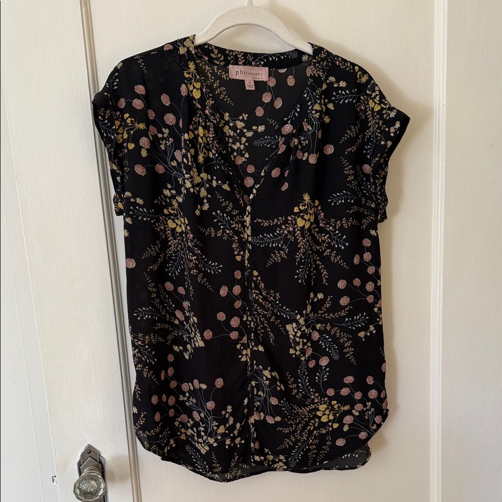 Philosophy Black Blouse with Pink and Yellow Floral Design